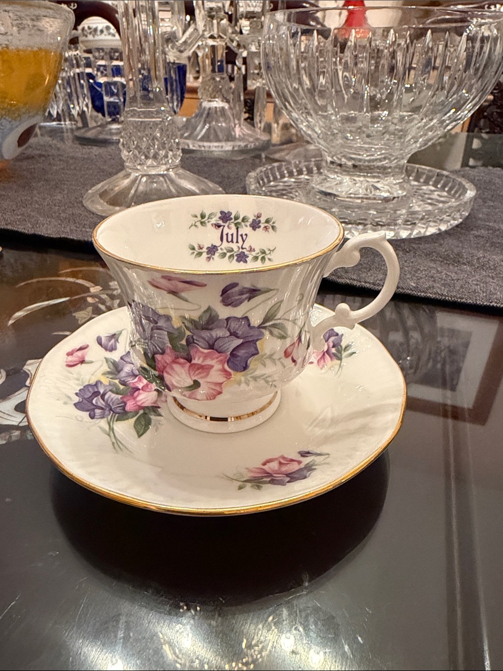 Vintage July Floral Bone China Teacup and Saucer - Gold Trim made in England